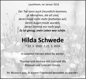 Traueranzeige von Hilda Schwede von Schwäbische Post