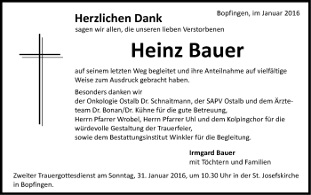 Traueranzeige von Heinz Bauer von Schwäbische Post