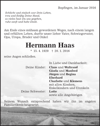 Traueranzeige von Hermann Haas von Schwäbische Post