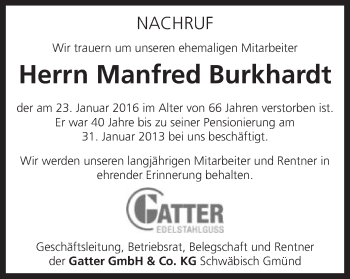 Traueranzeige von Manfred Burkhardt von Gmünder Tagespost