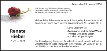 Traueranzeige von Renate Hieber von Schwäbische Post