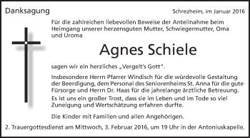 Traueranzeige von Agnes Schiele von Schwäbische Post