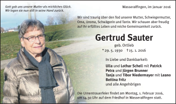 Traueranzeige von Gertrud Sauter von Schwäbische Post