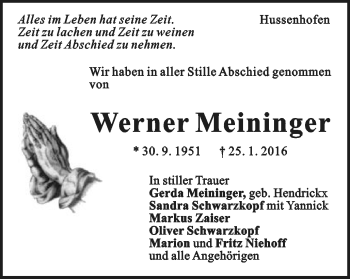 Traueranzeige von Werner Meininger von Gmünder Tagespost
