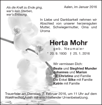 Traueranzeige von Herta Mohr von Schwäbische Post