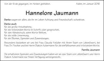 Traueranzeige von Hannelore Jaumann von Schwäbische Post
