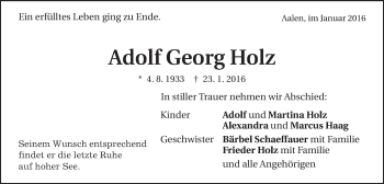 Traueranzeige von Adolf Georg Holz von Schwäbische Post