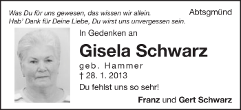 Traueranzeige von Gisela Schwarz von Schwäbische Post