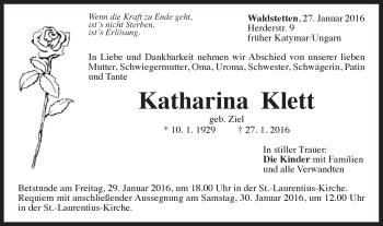 Traueranzeige von Katharina Klett von Gmünder Tagespost