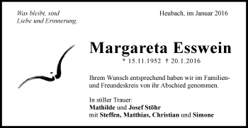 Traueranzeige von Margareta Esswein von Gmünder Tagespost