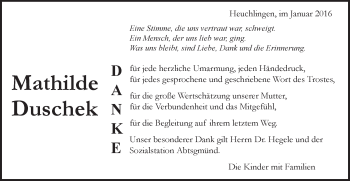 Traueranzeige von Mathilde Duschek von Gmünder Tagespost