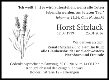 Traueranzeige von Horst Sitzlack von Schwäbische Post