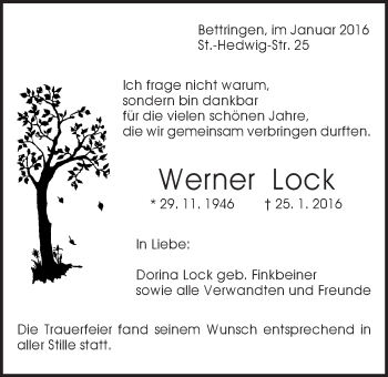 Traueranzeige von Werner Lock  von Gmünder Tagespost