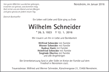 Traueranzeige von Wilhelm Schneider von Schwäbische Post