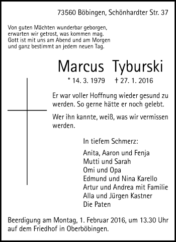 Traueranzeige von Marcus Tyburski von Gmünder Tagespost