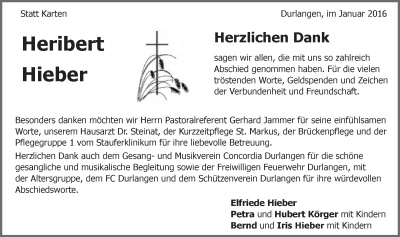  Traueranzeige für Heribert Hieber vom 04.01.2016 aus Gmünder Tagespost