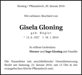 Traueranzeige von Gisela Gloning von Schwäbische Post