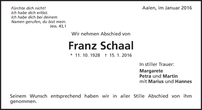  Traueranzeige für Franz Schaal vom 26.01.2016 aus Schwäbische Post