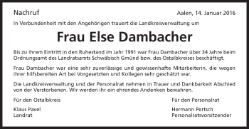 Traueranzeige von Else Dambacher von Gmünder Tagespost