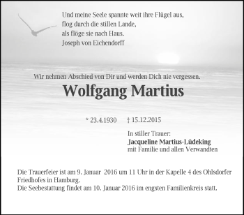 Traueranzeige von Wolfgang Martius von Schwäbische Post