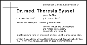Traueranzeige von Theresia Eyssel  von Gmünder Tagespost