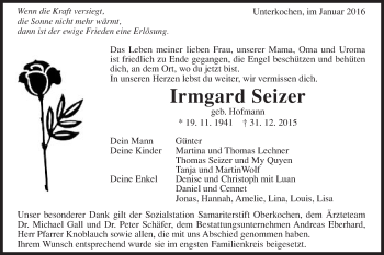 Traueranzeige von Irmgard Seizer von Schwäbische Post