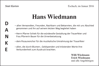 Traueranzeige von Hans Wiedmann von Gmünder Tagespost