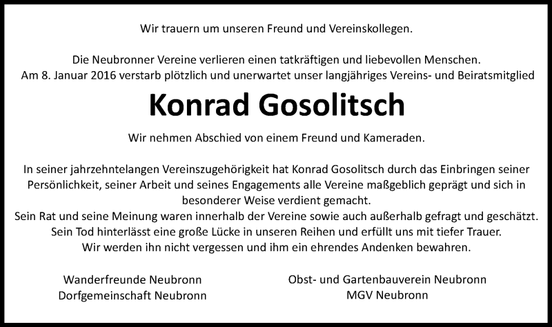 Traueranzeige für Konrad Gosolitsch vom 11.01.2016 aus Schwäbische Post