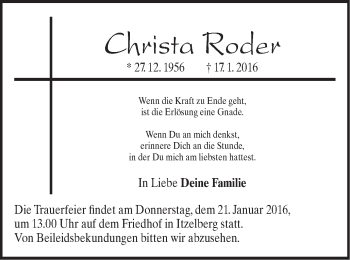 Traueranzeige von Christa Roder von Schwäbische Post