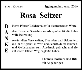Traueranzeige von Rosa Seitzer von Gmünder Tagespost