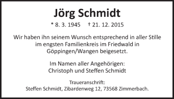 Traueranzeige von Jörg Schmidt von Gmünder Tagespost