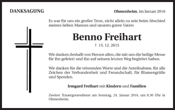 Traueranzeige von Benno Freihart von Schwäbische Post