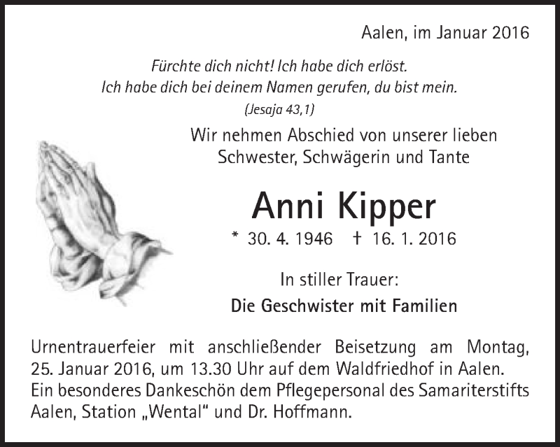  Traueranzeige für Anni Kipper vom 22.01.2016 aus Schwäbische Post