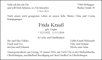 Traueranzeige von Frida Krauß von Gmünder Tagespost