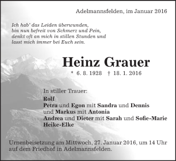 Traueranzeige von Heinz Grauer von Schwäbische Post