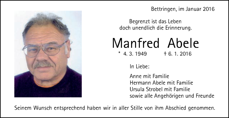  Traueranzeige für Manfred Abele vom 13.01.2016 aus Gmünder Tagespost