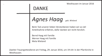 Traueranzeige von Agnes Haag von Schwäbische Post