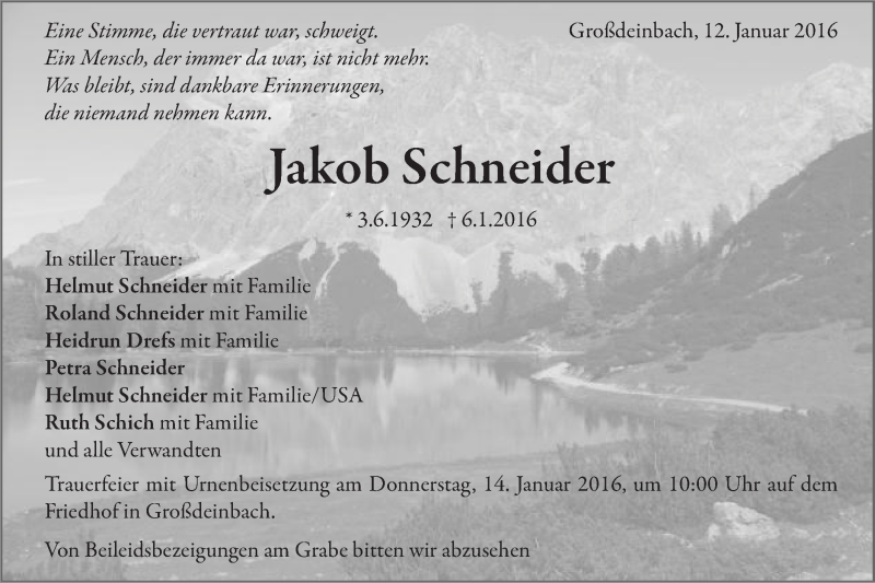  Traueranzeige für Jakob Schneider vom 12.01.2016 aus Gmünder Tagespost