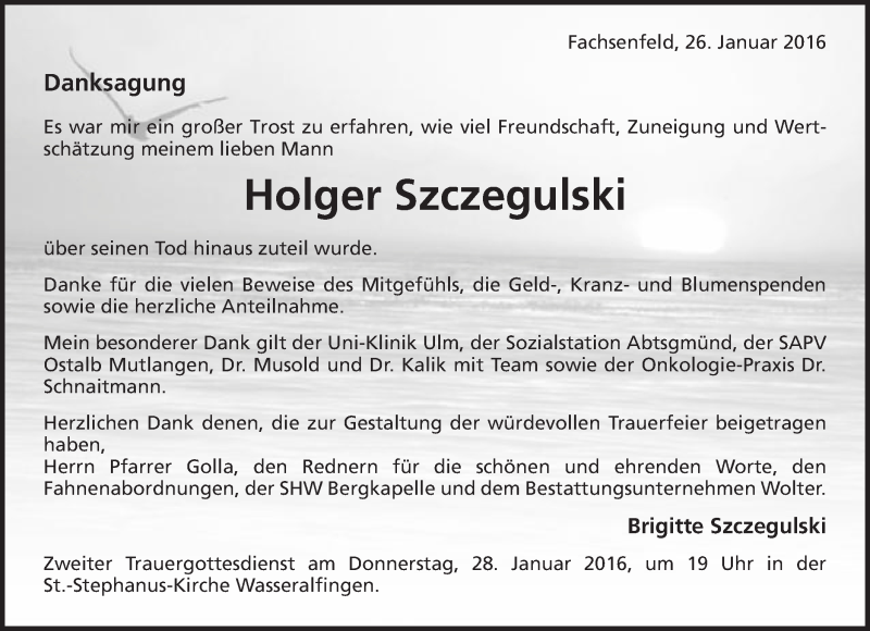  Traueranzeige für Holger Szczegulski vom 26.01.2016 aus Schwäbische Post