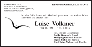 Traueranzeige von Luise Volkmer von Gmünder Tagespost
