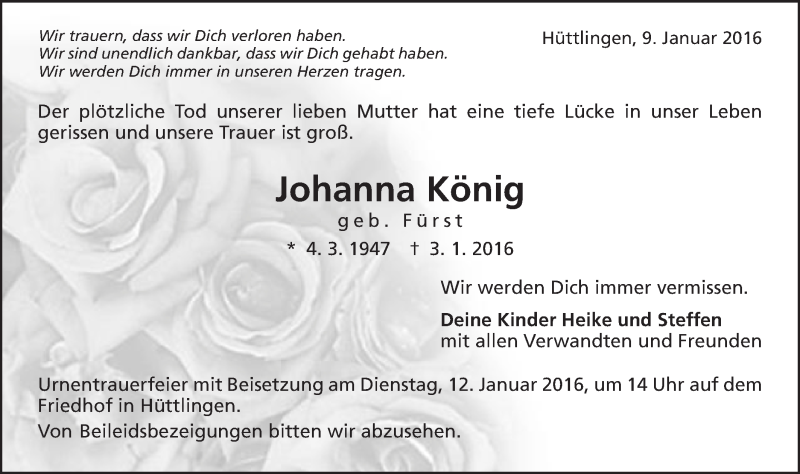  Traueranzeige für Johanna König vom 09.01.2016 aus Schwäbische Post