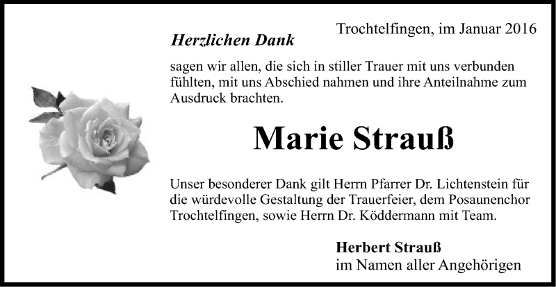  Traueranzeige für Marie Strauß vom 25.01.2016 aus Schwäbische Post