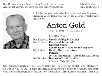 Traueranzeige von Anton Gold von Schwäbische Post