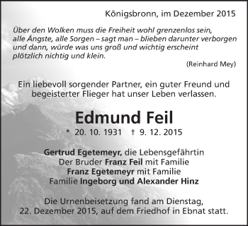 Traueranzeige von Edmund Feil von Schwäbische Post