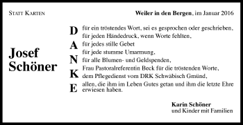 Traueranzeige von Josef Schöner von Gmünder Tagespost