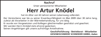 Traueranzeige von Artur Knödel von Schwäbische Post