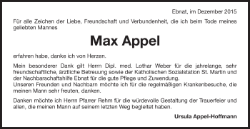 Traueranzeige von Max Appel von Schwäbische Post