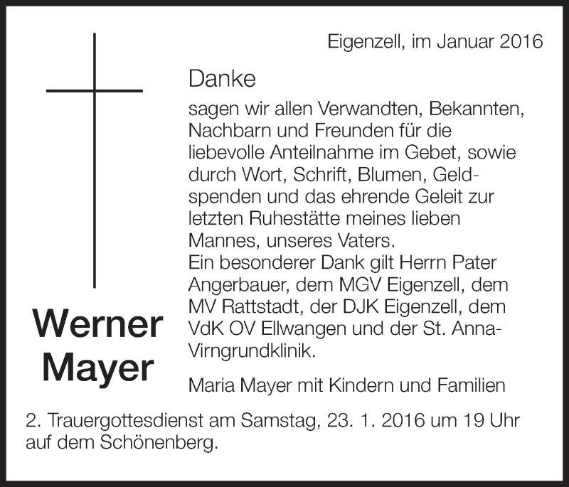 Traueranzeige für Werner Mayer vom 16.01.2016 aus Schwäbische Post