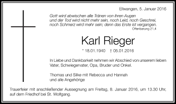 Traueranzeige von Karl Rieger von Schwäbische Post