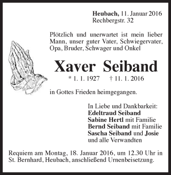 Traueranzeige von Xaver Seiband von Gmünder Tagespost
